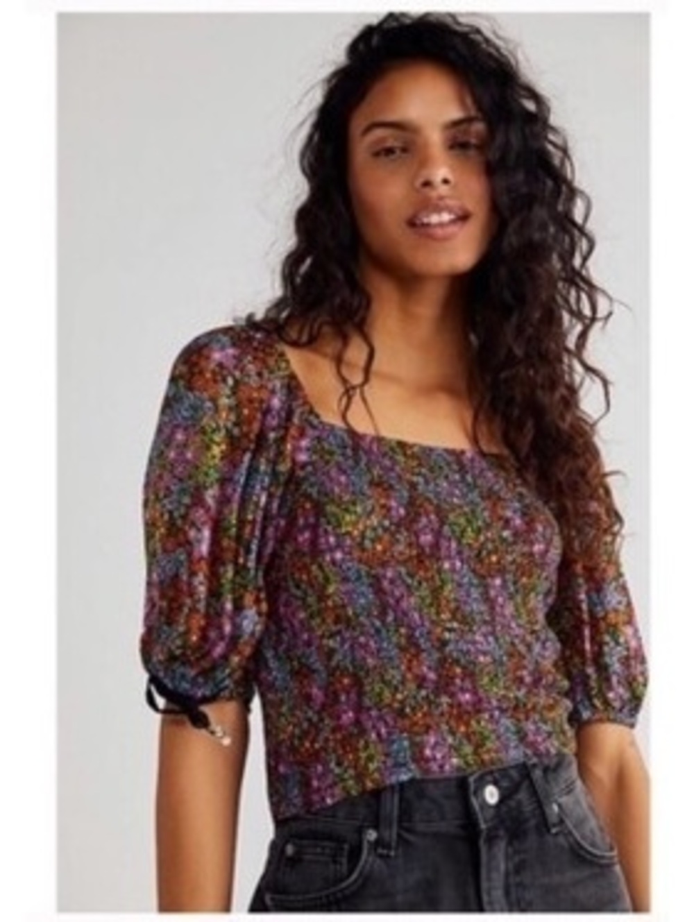Free People "Back On Top" smocked floral puff sleeve top size XS